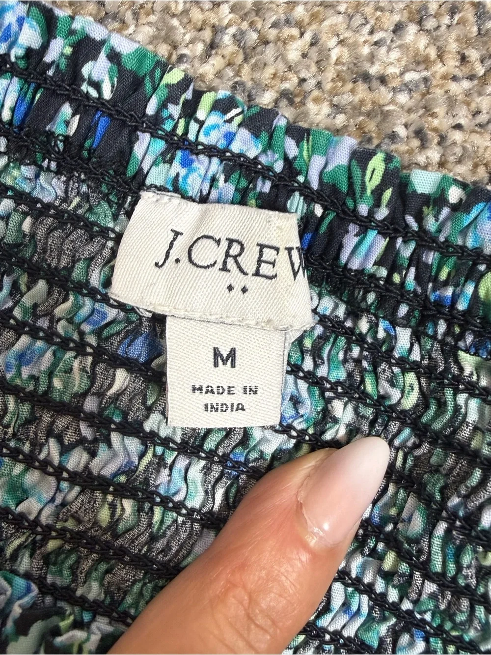 J. Crew Teal Floral Smocked Square-Neck Puff Sleeve Top